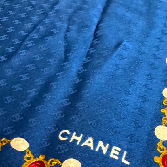 Authentic CHANEL Blue Scarf with Gold and Red Accents